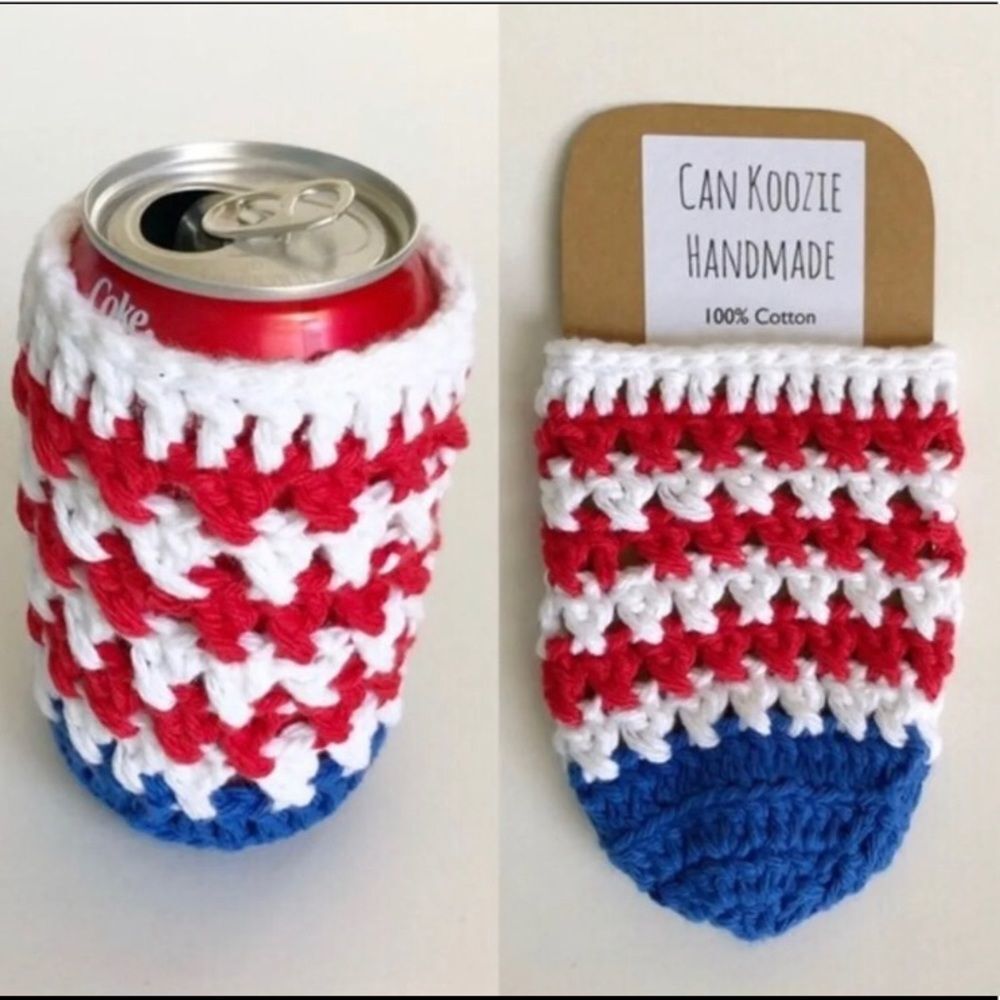 Hand Crafted Crochet 12oz Can Cozy Cup Red White Blue